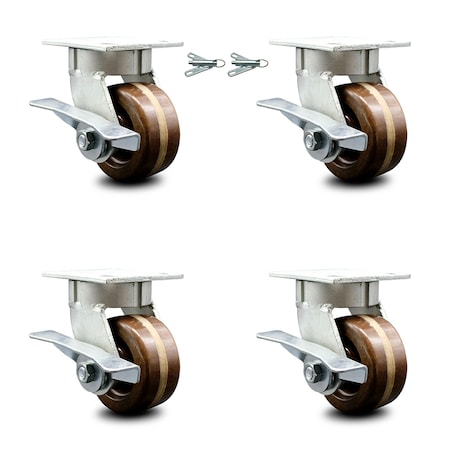 Service Caster 4 Inch Kingpinless High Temp Phenolic Wheel Caster Brakes 2 Swivel Locks, 4PK SCC-KP30S420-PHRHT-SLB-BSL-2-SLB-2